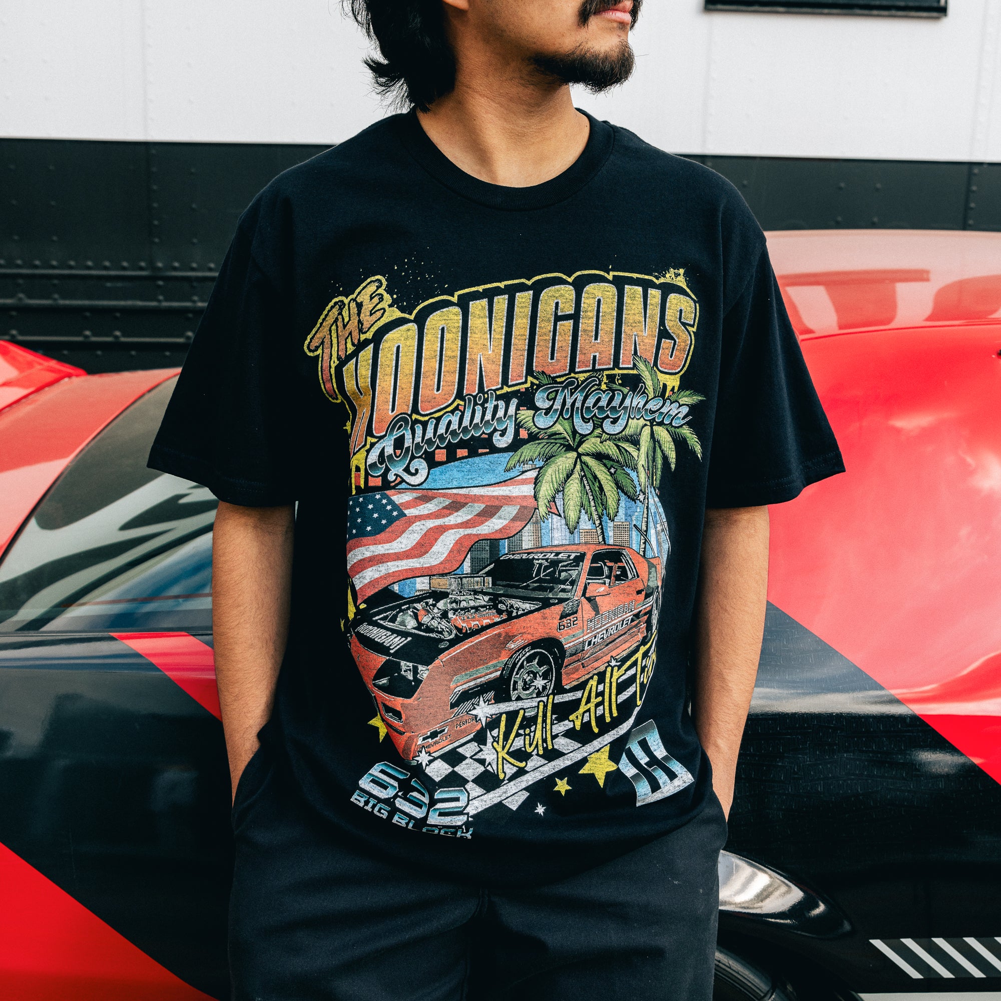 Hoonigan 632 short sleeve tee featuring a bold graphic design on a black background.