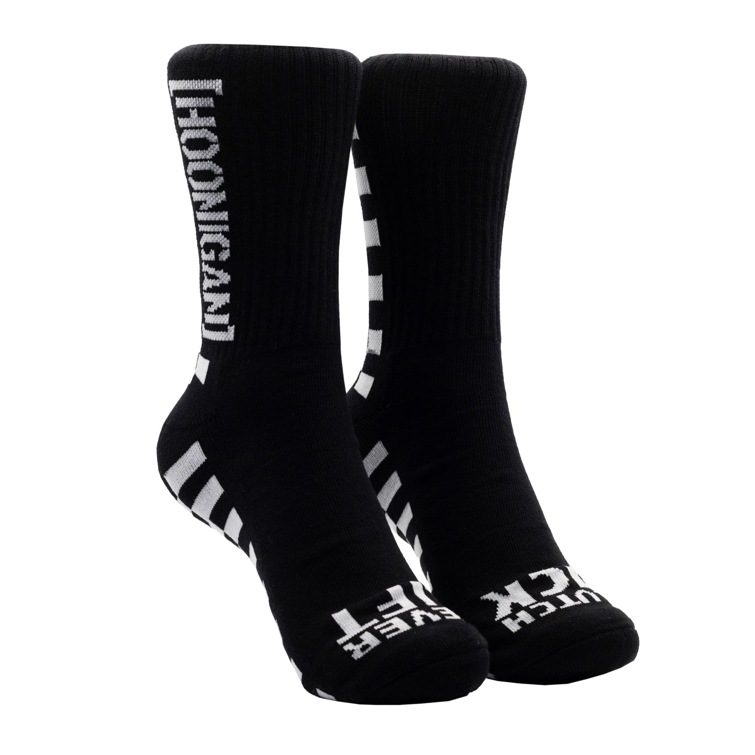 Hoonigan FINISHLINE II Crew Socks featuring a black and white design with bold Hoonigan branding and a checkered flag pattern.