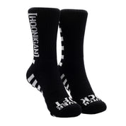 Hoonigan FINISHLINE II Crew Socks featuring a black and white design with bold Hoonigan branding and a checkered flag pattern.