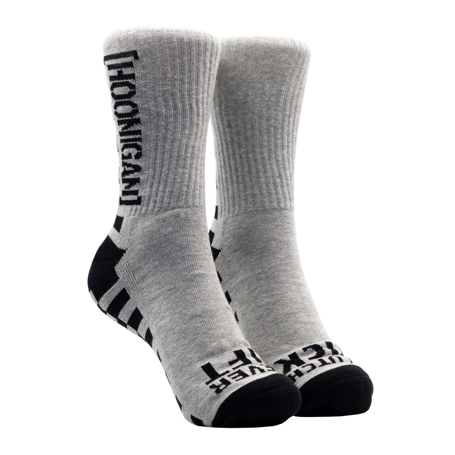 Hoonigan NEVER LIFT Socks featuring a bold black design with white text and logo.