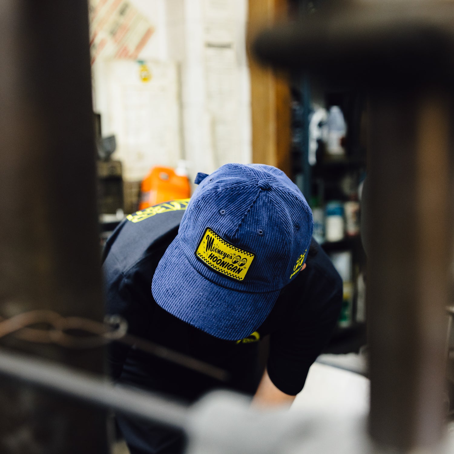 Hoonigan x Mooneyes MOONIGANS unstructured strapback hat in black with white logo embroidery.