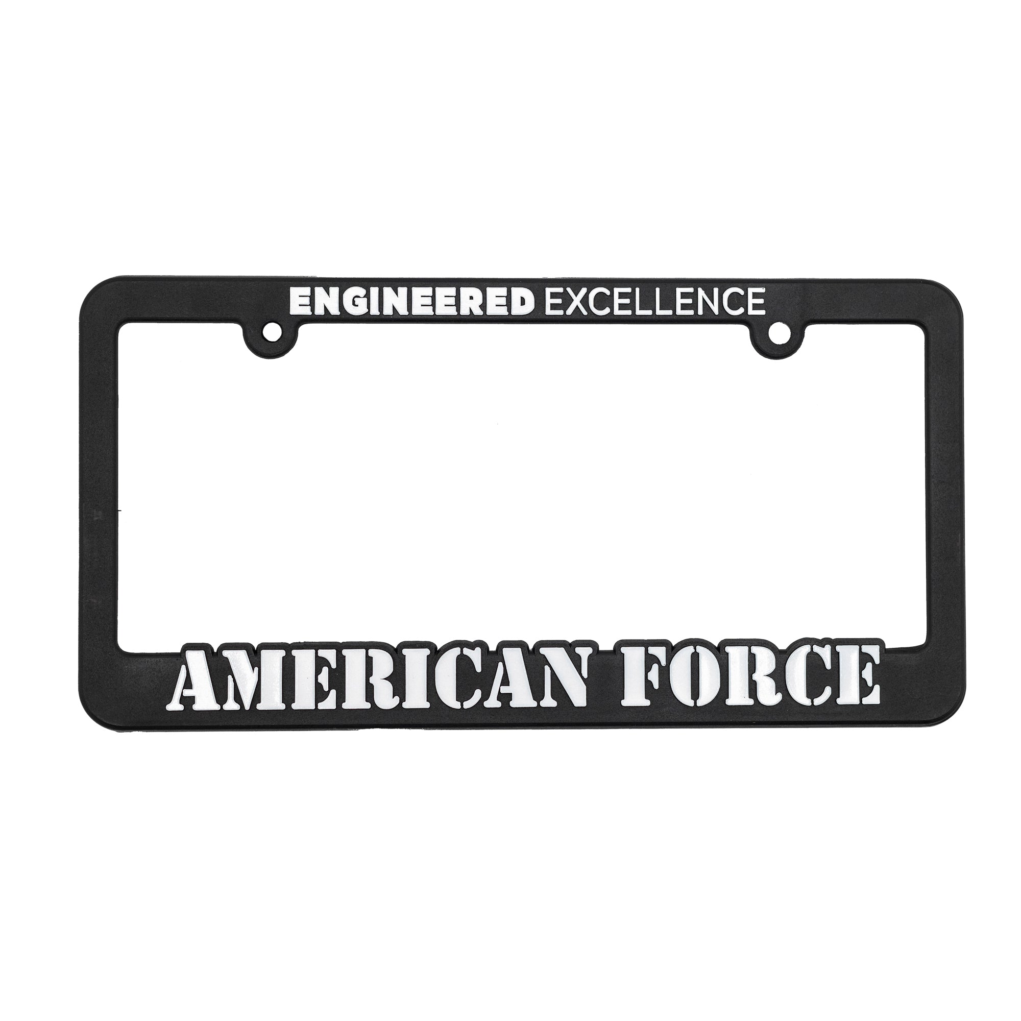 American Force ENGINEERED EXCELLENCE License Plate Frame featuring a sleek black design and bold logo.