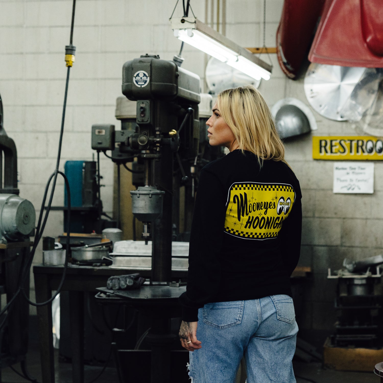 Hoonigan x Mooneyes "GO WITH HOON" long sleeve tee featuring bold graphics and a relaxed fit, displayed on a plain background.