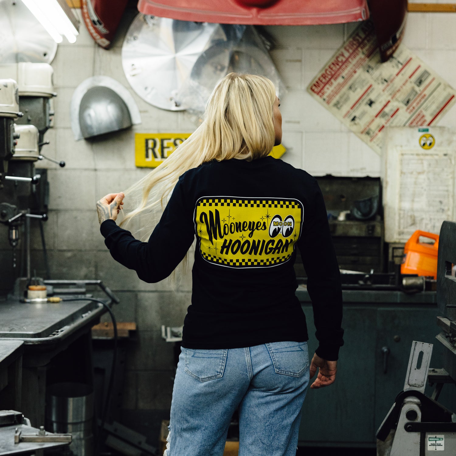 Hoonigan x Mooneyes long sleeve tee featuring bold "GO WITH HOON" graphic on a black background.