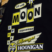 Hoonigan x Mooneyes MOON MOTEL Jacket featuring a black base with colorful graphics and logo details.