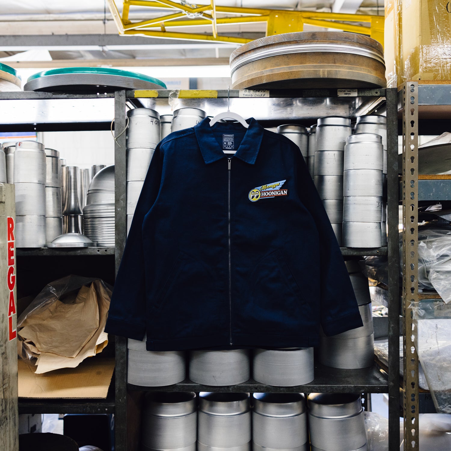 Hoonigan x Mooneyes MOON MOTEL jacket featuring a bold graphic design, vibrant colors, and a stylish fit, perfect for car enthusiasts.