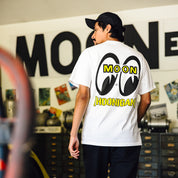 Hoonigan x Mooneyes HOON AND MOON Short Sleeve Tee featuring a graphic print of a car and moon on a black background.
