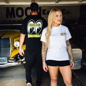 Hoonigan x Mooneyes short sleeve tee featuring a bold graphic print of "HOON AND MOON" in yellow and black on a black background.