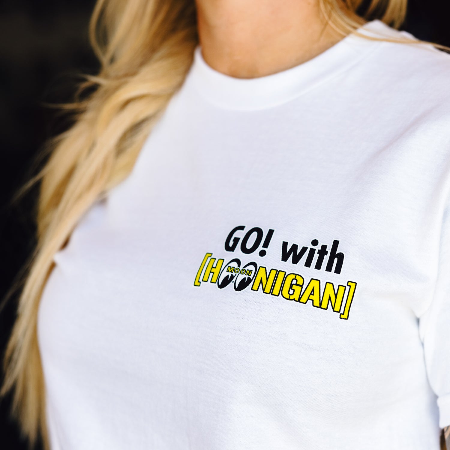 Hoonigan x Mooneyes MASCOT Short Sleeve Tee featuring a bold graphic design and vibrant colors on a black fabric.