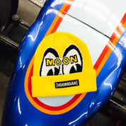 Hoonigan x Mooneyes LQQK Beanie in black with white logo and graphics.