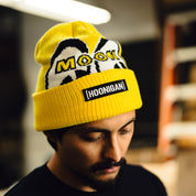 Hoonigan x Mooneyes LQQK Beanie in black with white logo graphics.