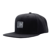 Hoonigan Motorsports snapback hat featuring black fabric, adjustable strap, and embroidered logo in white.