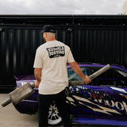 Hoonigan Belt Sander Short Sleeve Tee featuring a bold graphic design and logo on a black fabric.