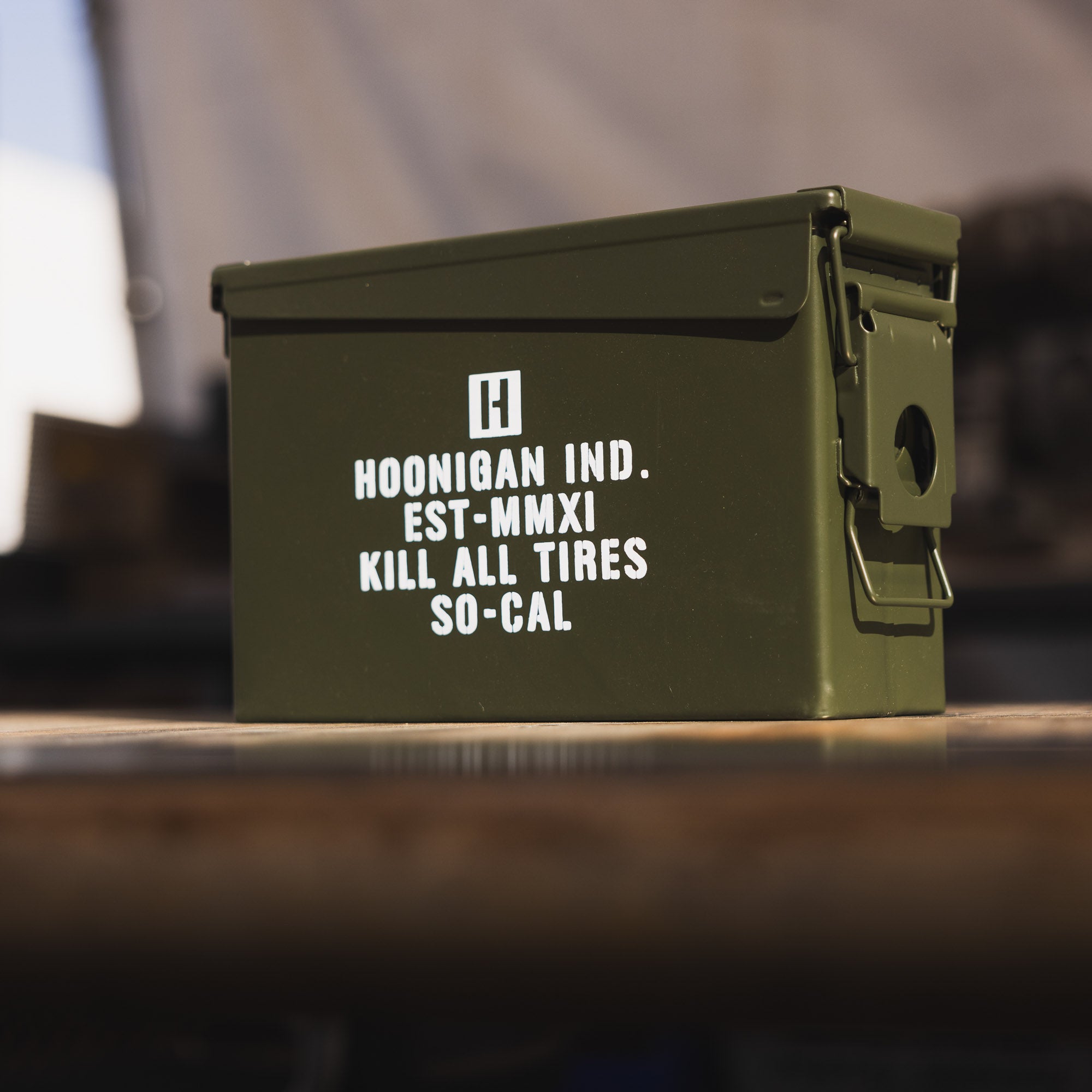Hoonigan AMMO Box featuring a rugged design with bold Hoonigan branding and a sturdy handle, perfect for storage and transport.