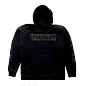 Black Hoonigan AIRBAGS CENSOR BAR pullover hoodie with a black raised-print censor bar logo and sleeve print, front view.