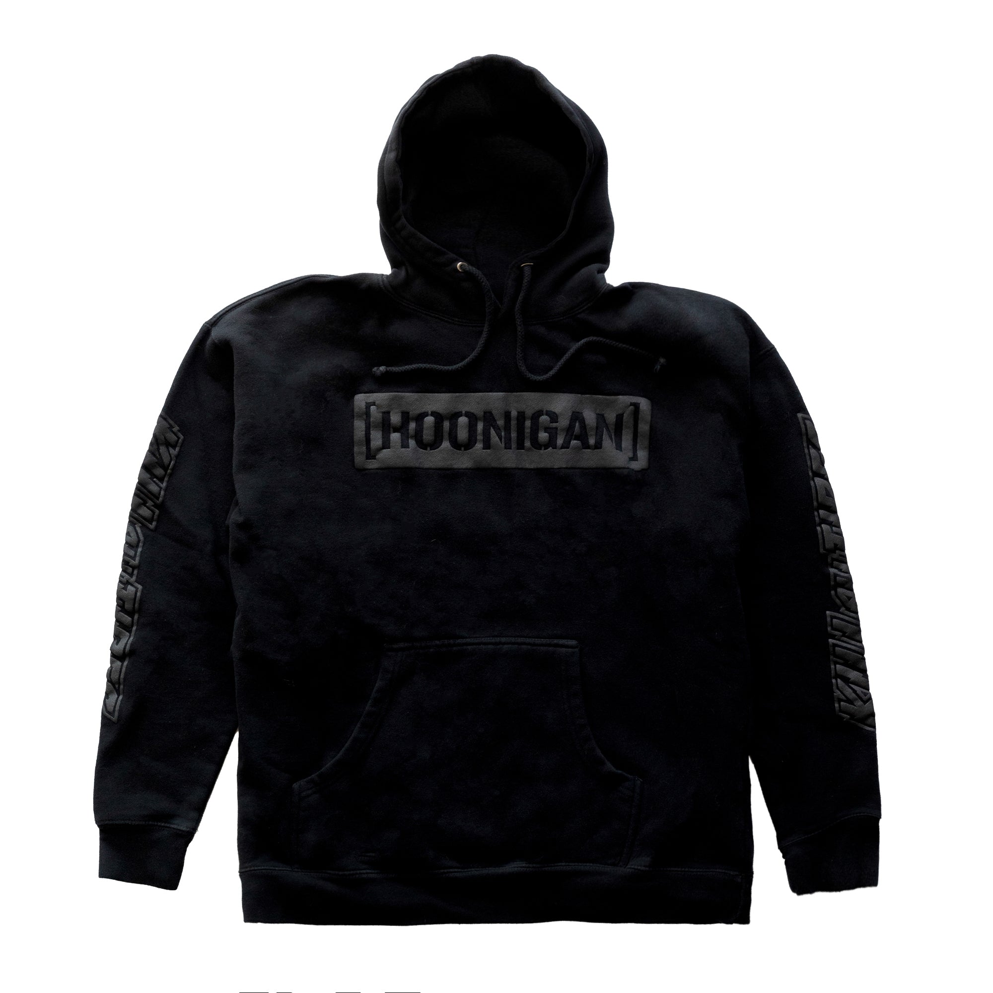 Black Hoonigan AIRBAGS CENSOR BAR pullover hoodie with a black raised-print censor bar logo and sleeve print, front view.