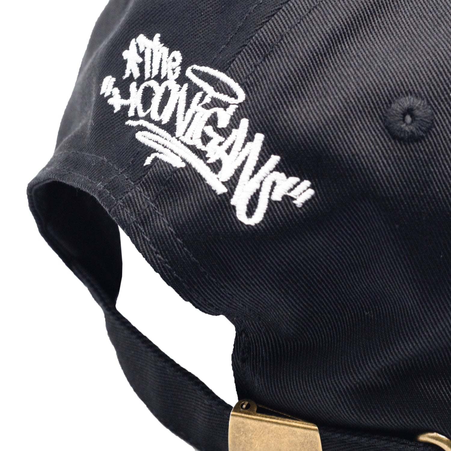Hoonigan FIND OUT Unstructured Strapback Hat in black featuring white embroidered logo on the front.