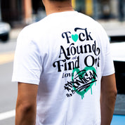 Hoonigan FIND OUT 2.0 Short Sleeve Tee in black with bold white graphics and logo on the front.