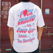 Back view of a white Hoonigan FIND OUT V2 short sleeve tee with colorful, stylized text and star graphics.