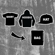 Hoonigan grab bag featuring a shirt, hoodie, hat, and bag for automotive lifestyle enthusiasts.