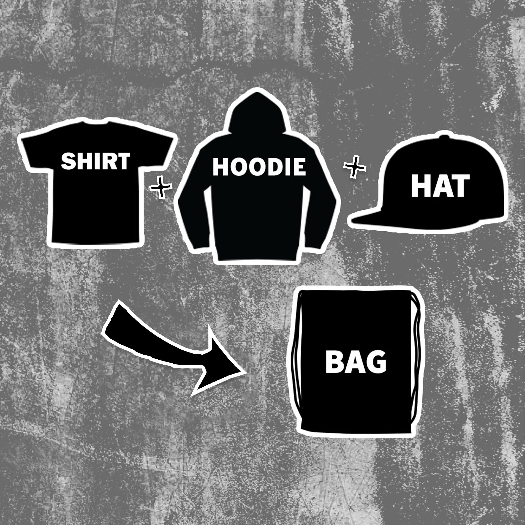 Hoonigan grab bag featuring a shirt, hoodie, hat, and bag for automotive lifestyle enthusiasts.
