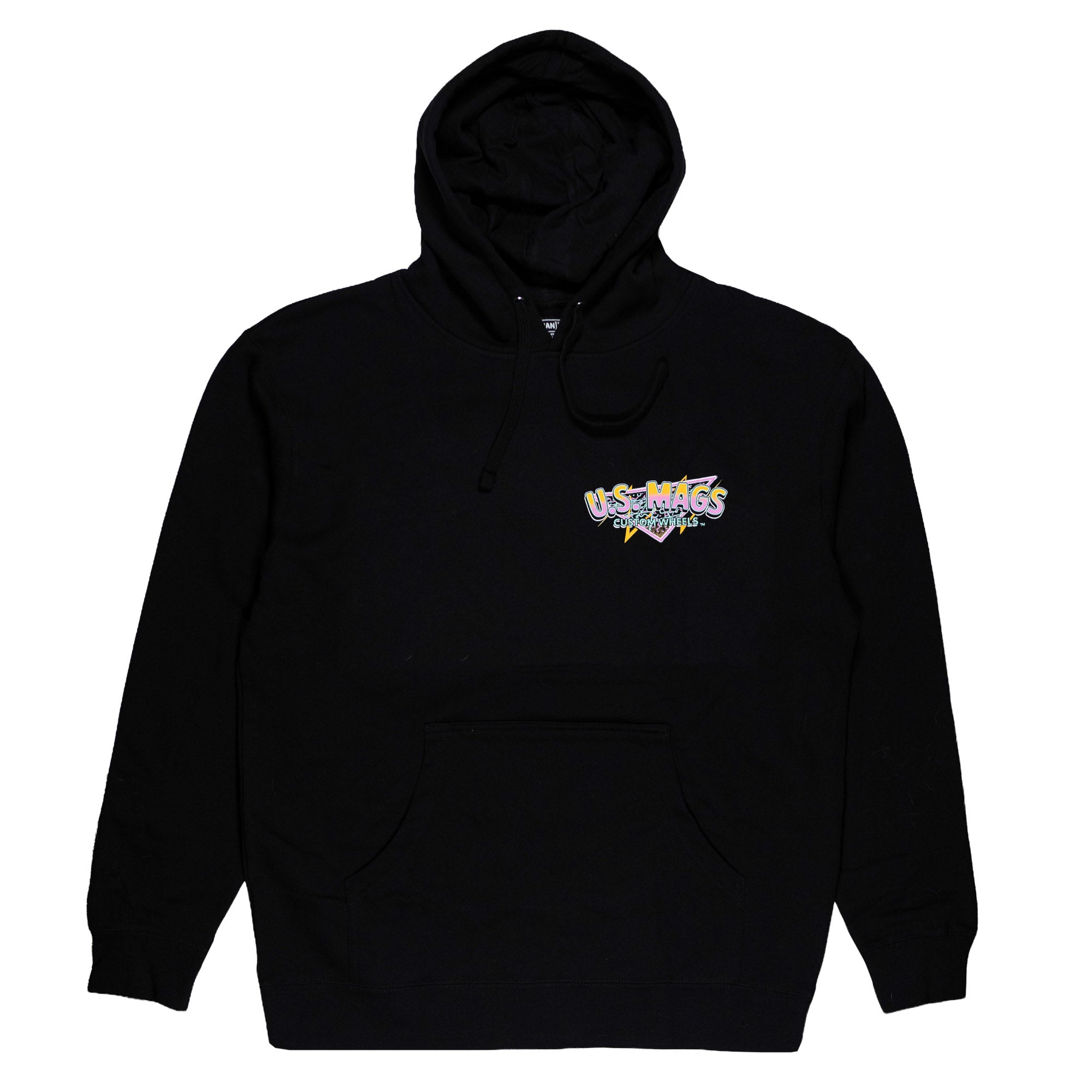 Black pullover hoodie featuring a colorful US Mags logo on the chest, perfect for automotive enthusiasts.
