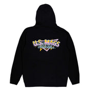 Black pullover hoodie featuring a colorful U.S. MAGS CUSTOM WHEELS graphic on the back, perfect for automotive enthusiasts.