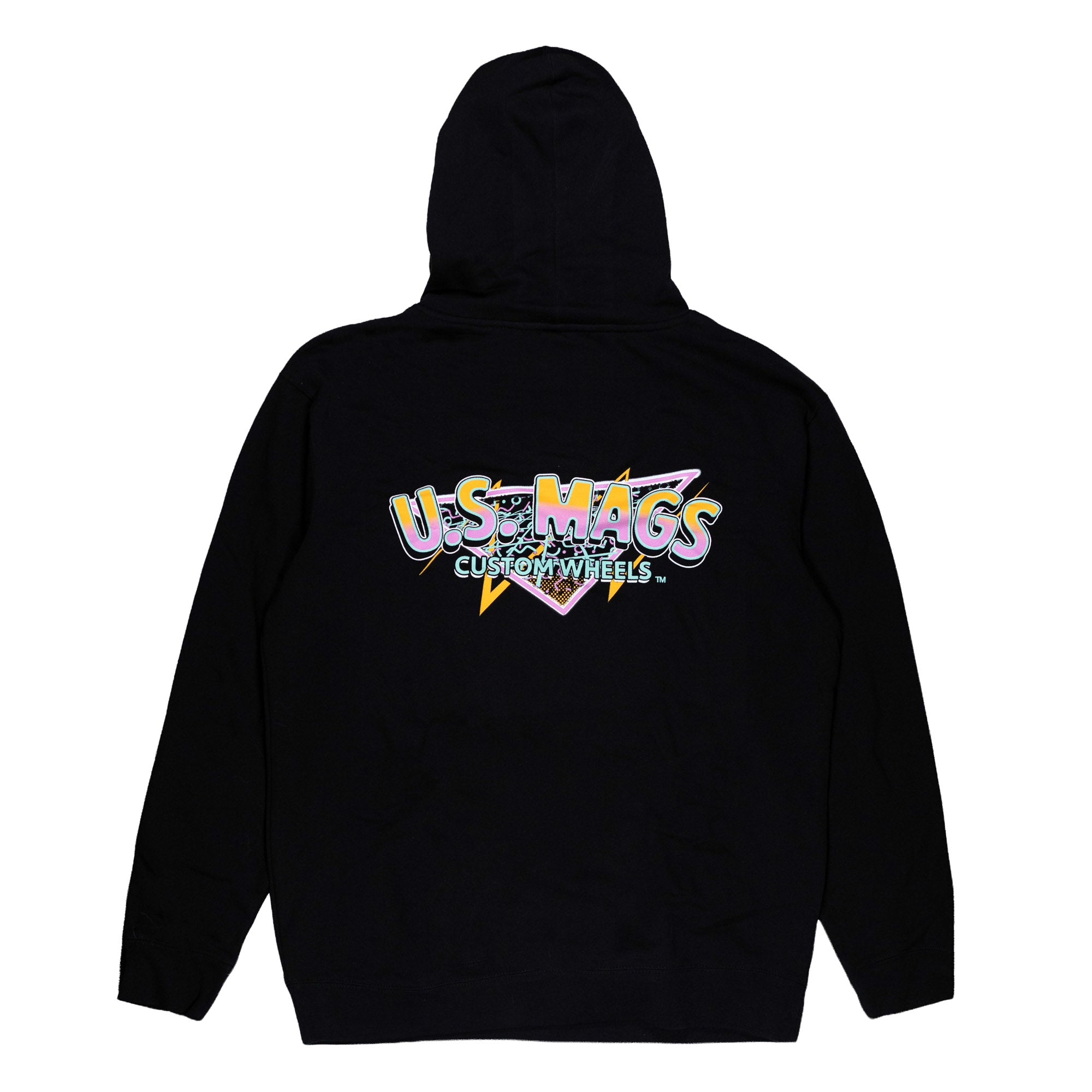 Black pullover hoodie featuring a colorful U.S. MAGS CUSTOM WHEELS graphic on the back, perfect for automotive enthusiasts.