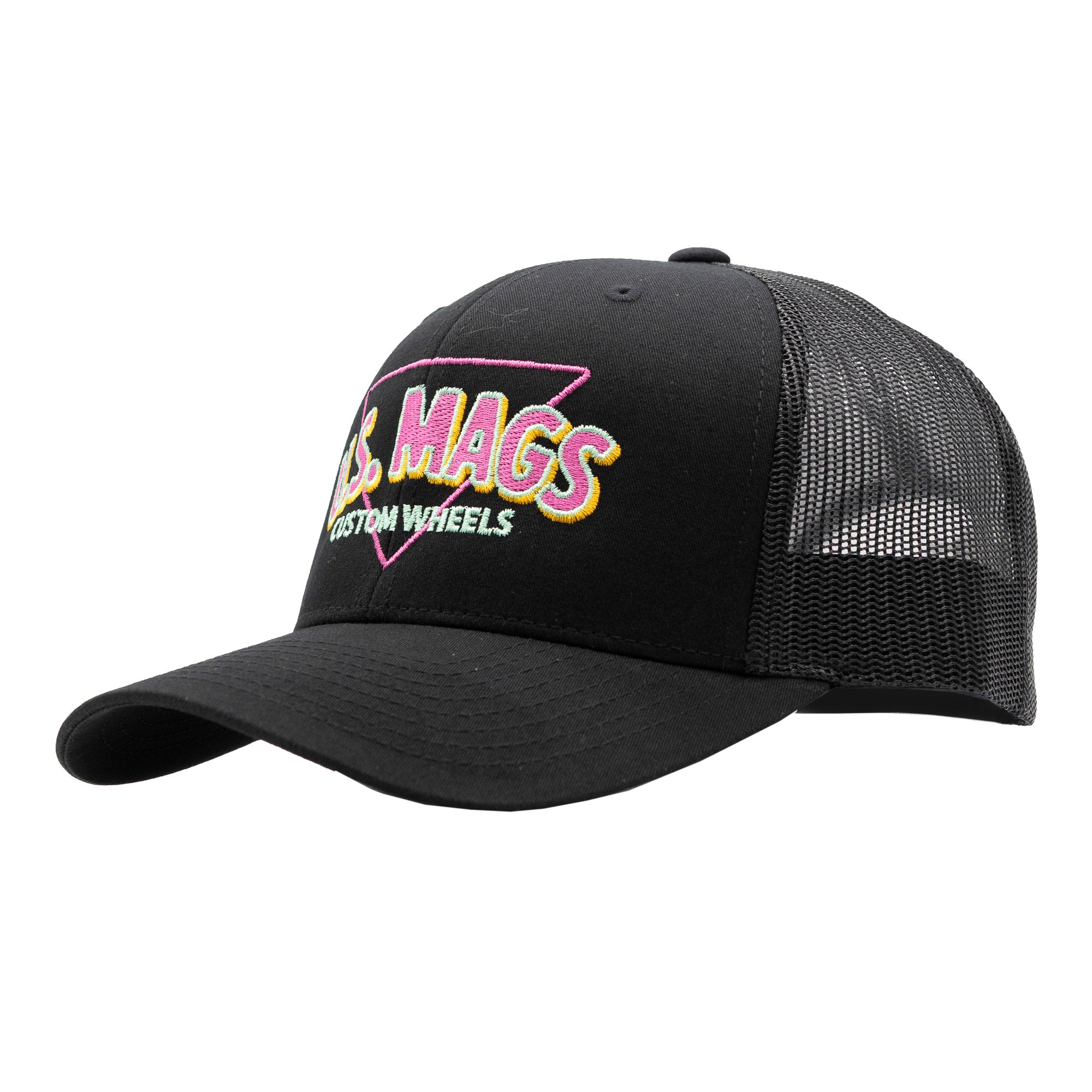 Black US Mags RETRO Trucker Hat featuring colorful embroidered logo and mesh back for breathability and style.