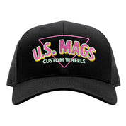 Black trucker hat featuring colorful embroidered U.S. MAGS CUSTOM WHEELS logo in retro style, perfect for automotive enthusiasts.