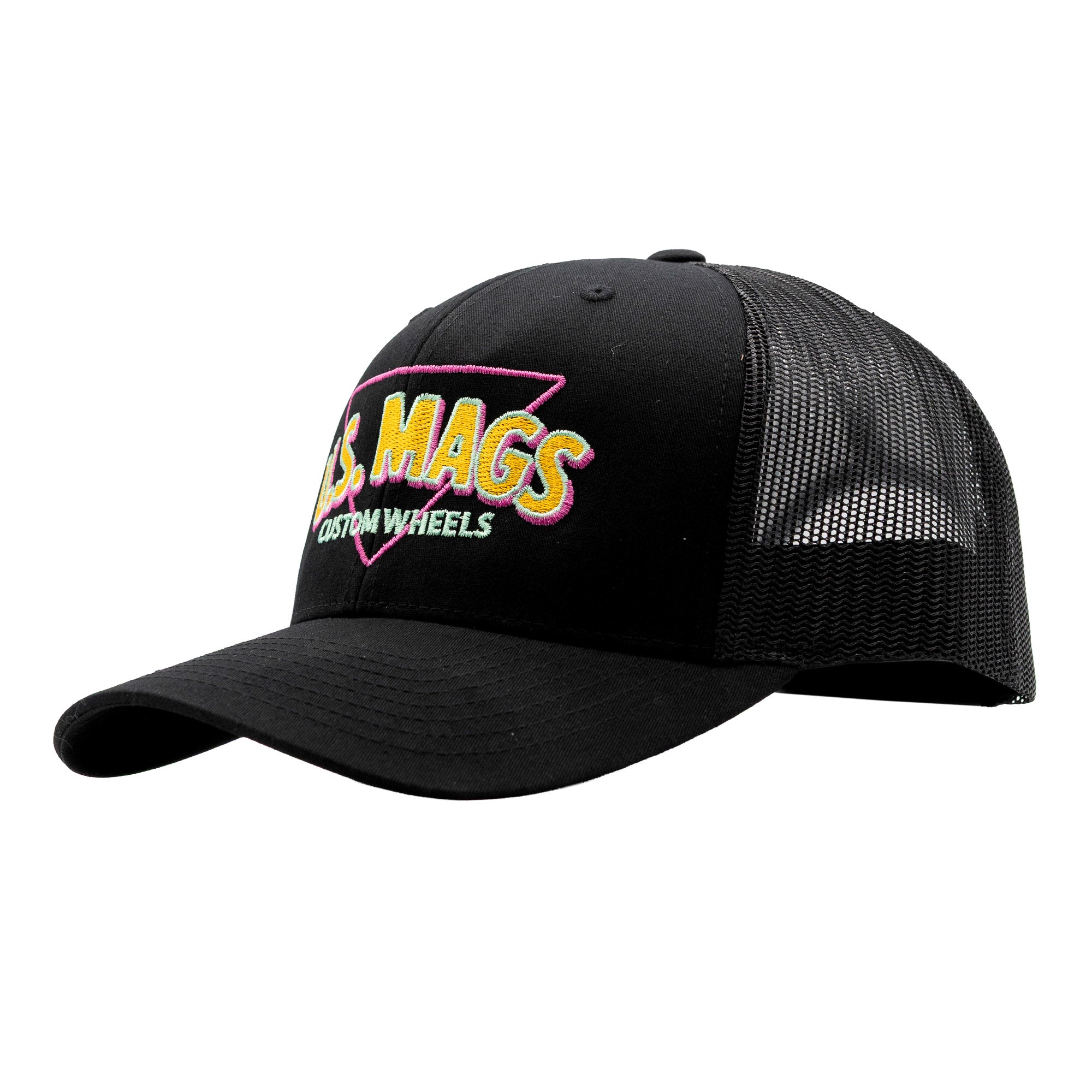 Black US Mags RETRO Trucker Hat featuring colorful embroidered logo and mesh back for breathability and style.