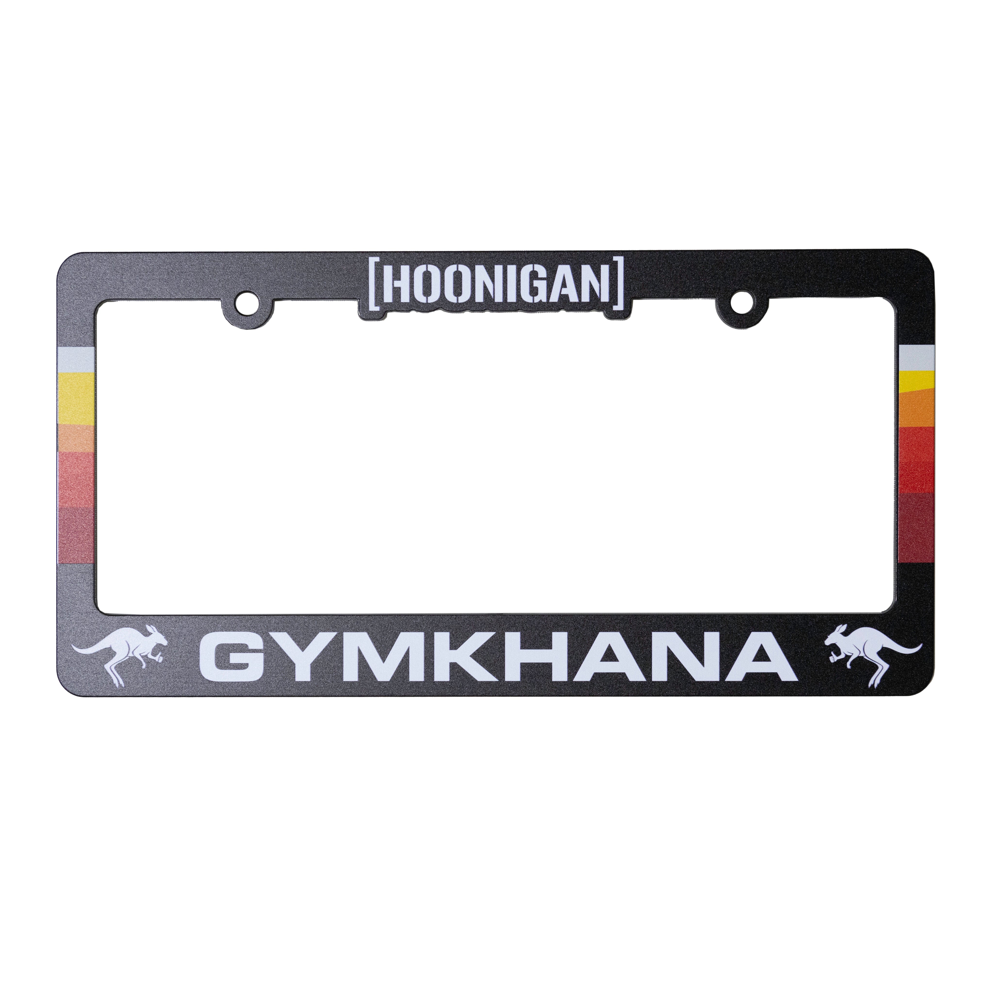 Hoonigan GYMKHANA AUSSIE SHRED LIVERY license plate frame featuring bold graphics and vibrant colors for car enthusiasts.