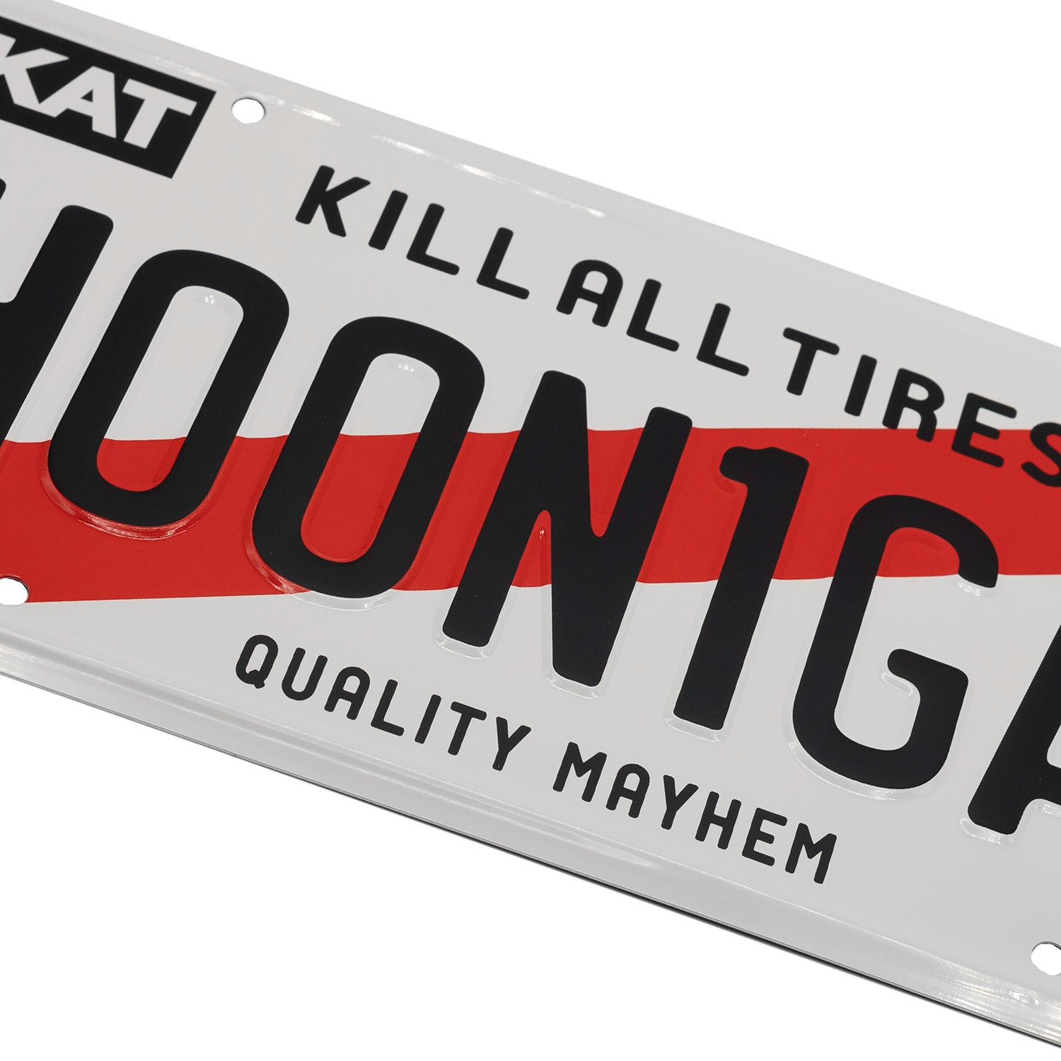 Hoonigan KARI license plate featuring a sleek black design with bold white lettering and logo, mounted on a textured background.
