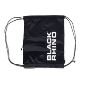 Black Rhino drawstring bag in black fabric with a white logo, featuring drawstring closure and a spacious design suitable for sports or daily use.