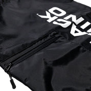 Black Rhino drawstring bag in a sleek black design with a textured finish, featuring a logo on the front and adjustable drawstring closures.