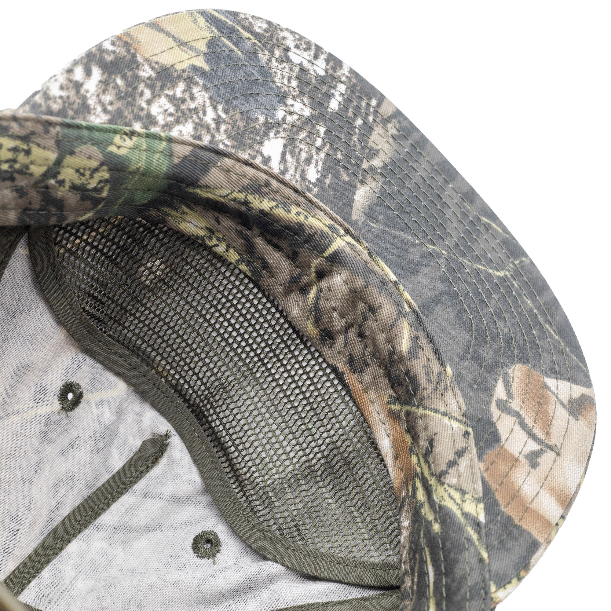 Interior view of Hoonigan SPRINT unstructured snapback hat featuring a camo pattern and mesh lining for breathability.