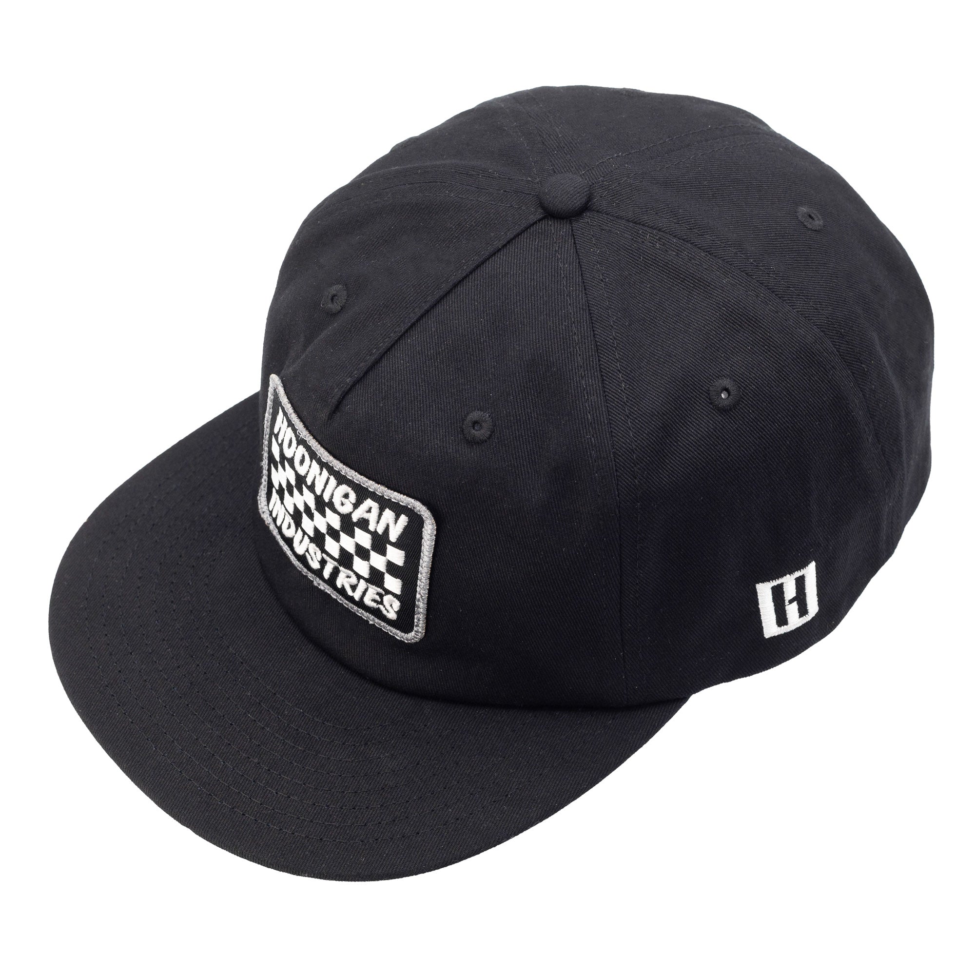Black unstructured snapback hat featuring Hoonigan Industries logo patch on the front and a small logo on the side.