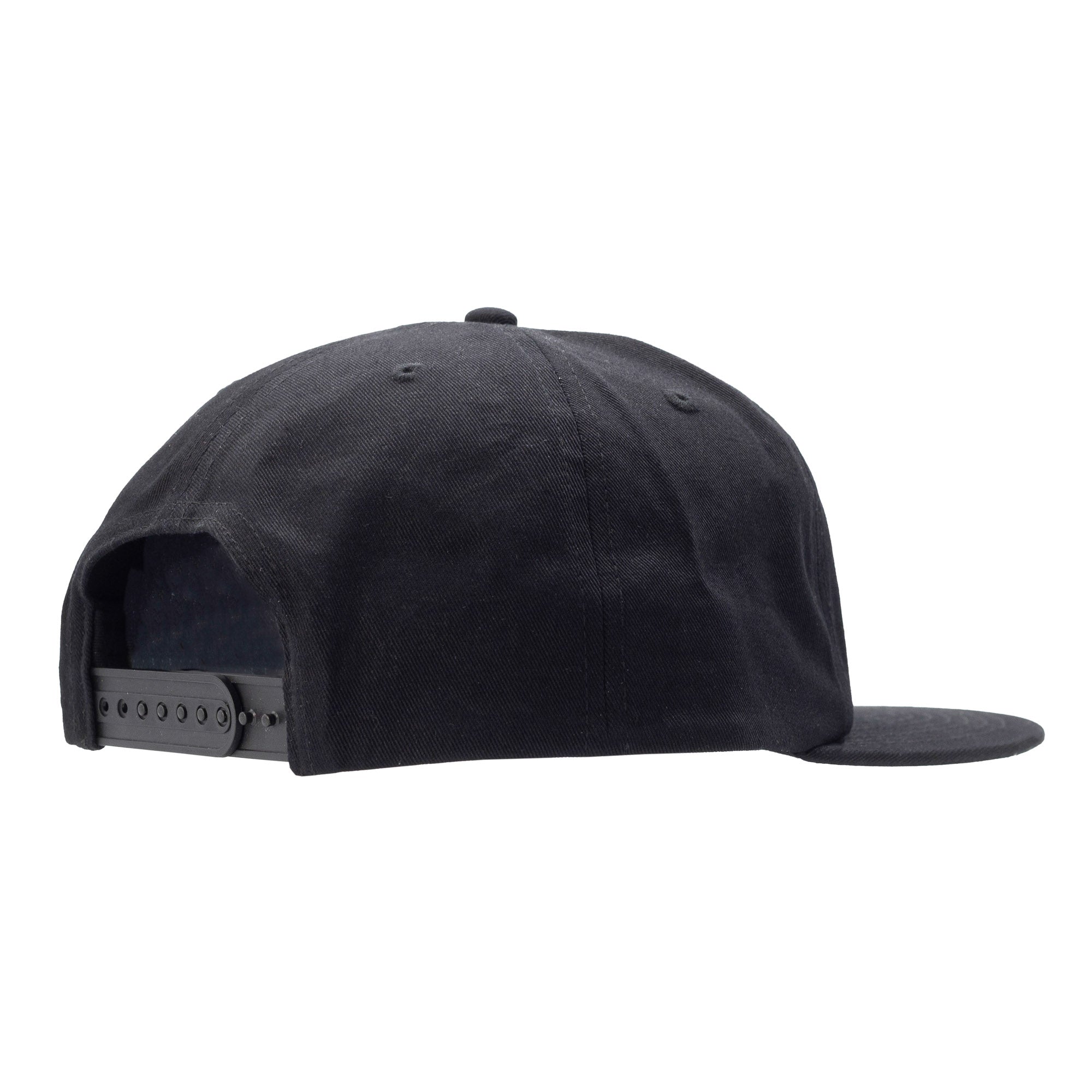 Black unstructured snapback hat featuring a flat brim and adjustable strap, designed for motorsport enthusiasts.