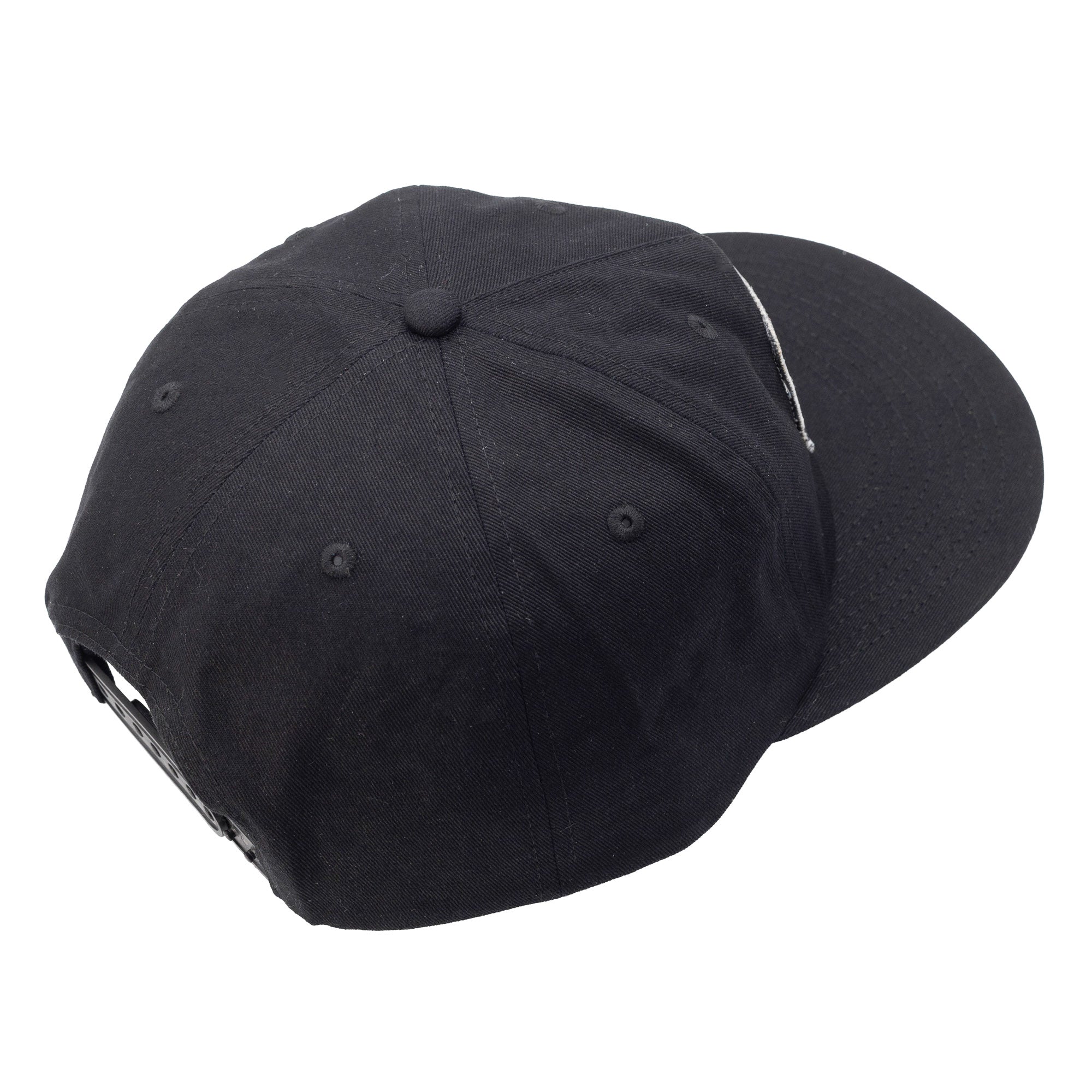 Black unstructured snapback hat featuring a curved brim and Hoonigan logo for motorsport enthusiasts.