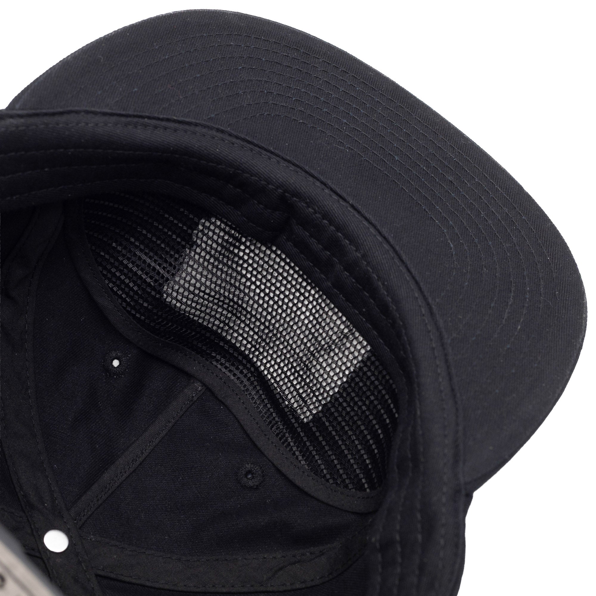 Inside view of the Hoonigan SPRINT Unstructured Snapback Hat, showcasing its black fabric and mesh lining.