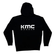 KMC Wheels logo hoodie featuring a bold graphic design on a black background.