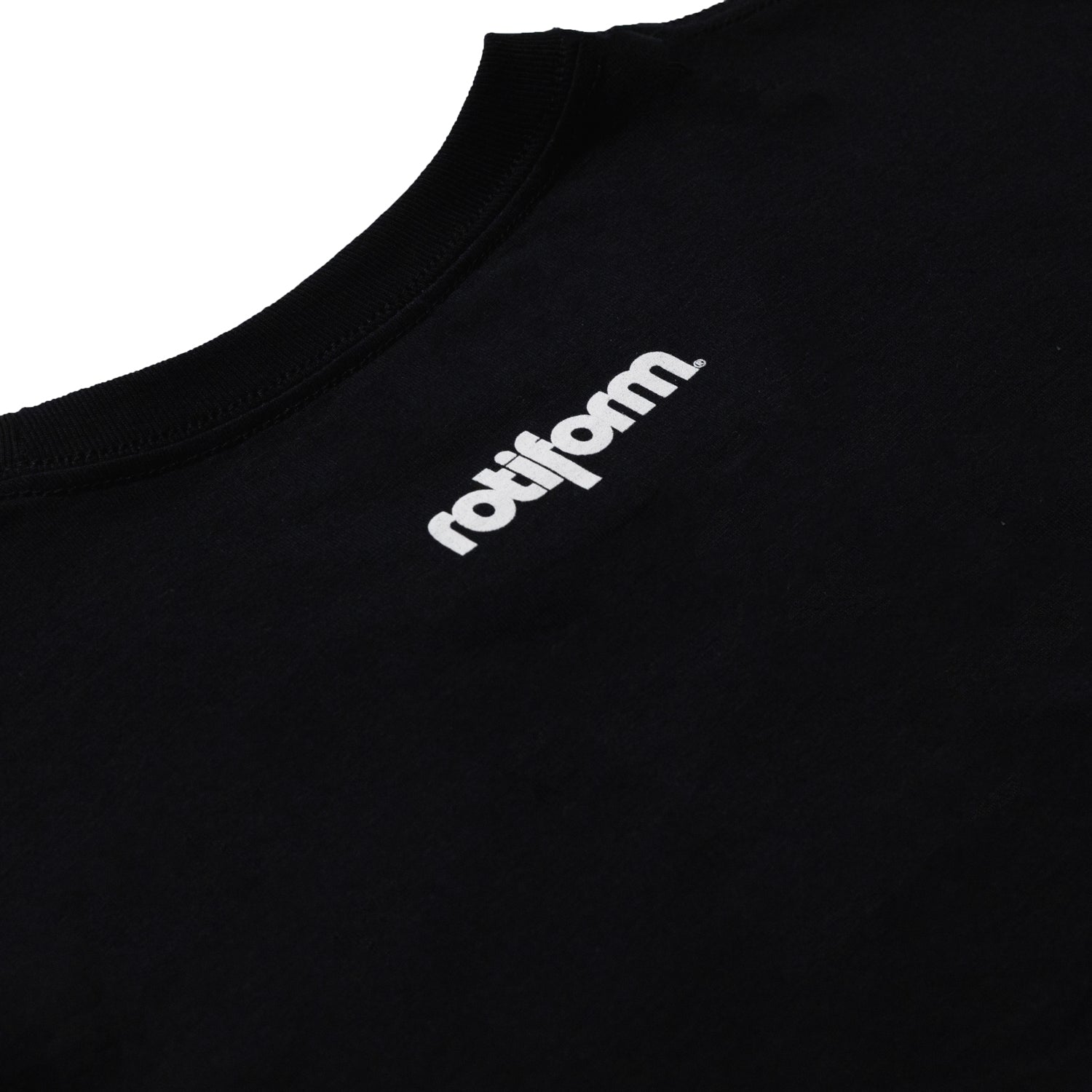 Rotiform SD Series Short Sleeve Tee in black featuring a bold white graphic logo on the front, displayed against a neutral background.