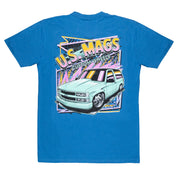 Blue short sleeve t-shirt featuring a retro graphic of a custom truck and "U.S. MAGS" text on the back.