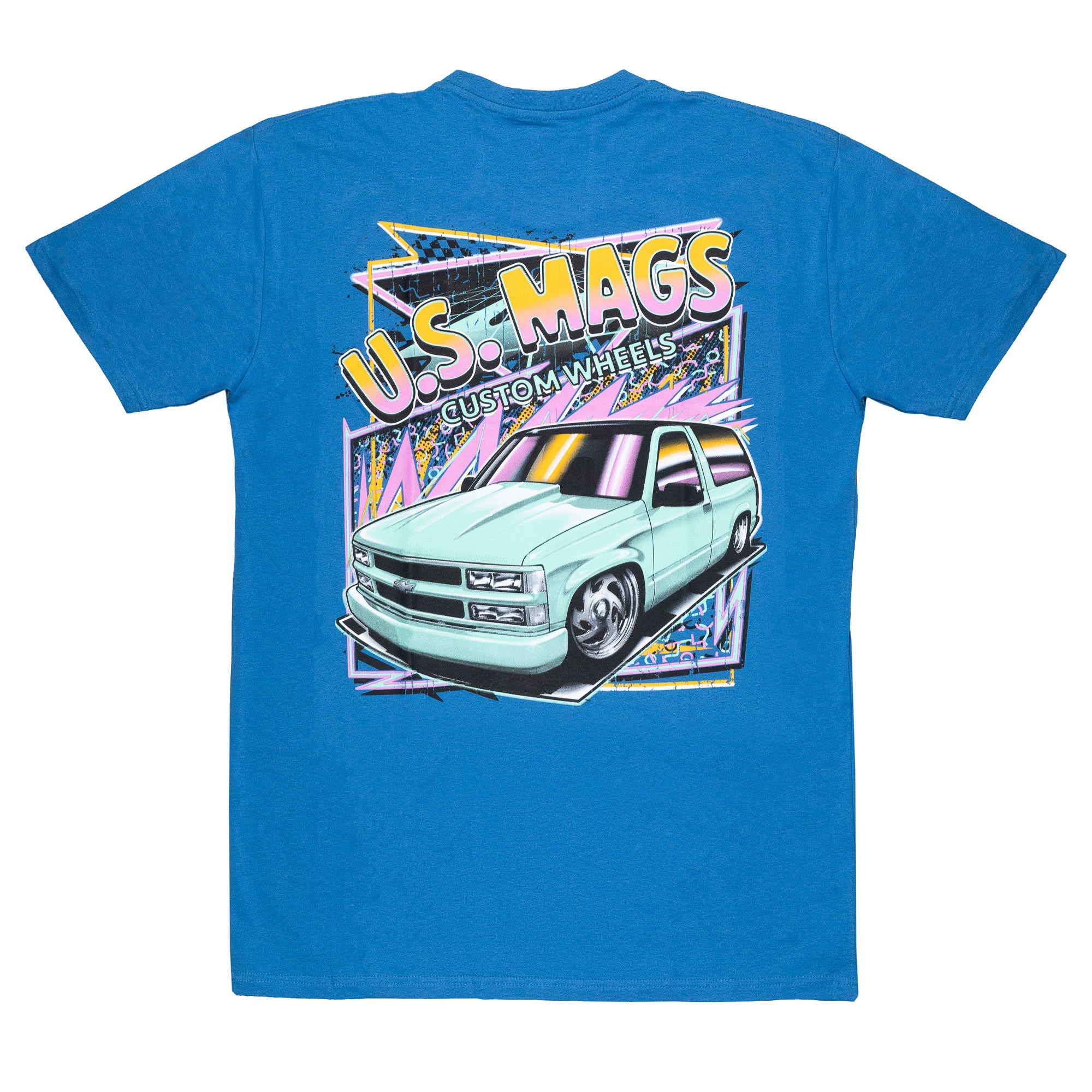 Blue short sleeve t-shirt featuring a retro graphic of a custom truck and "U.S. MAGS" text on the back.