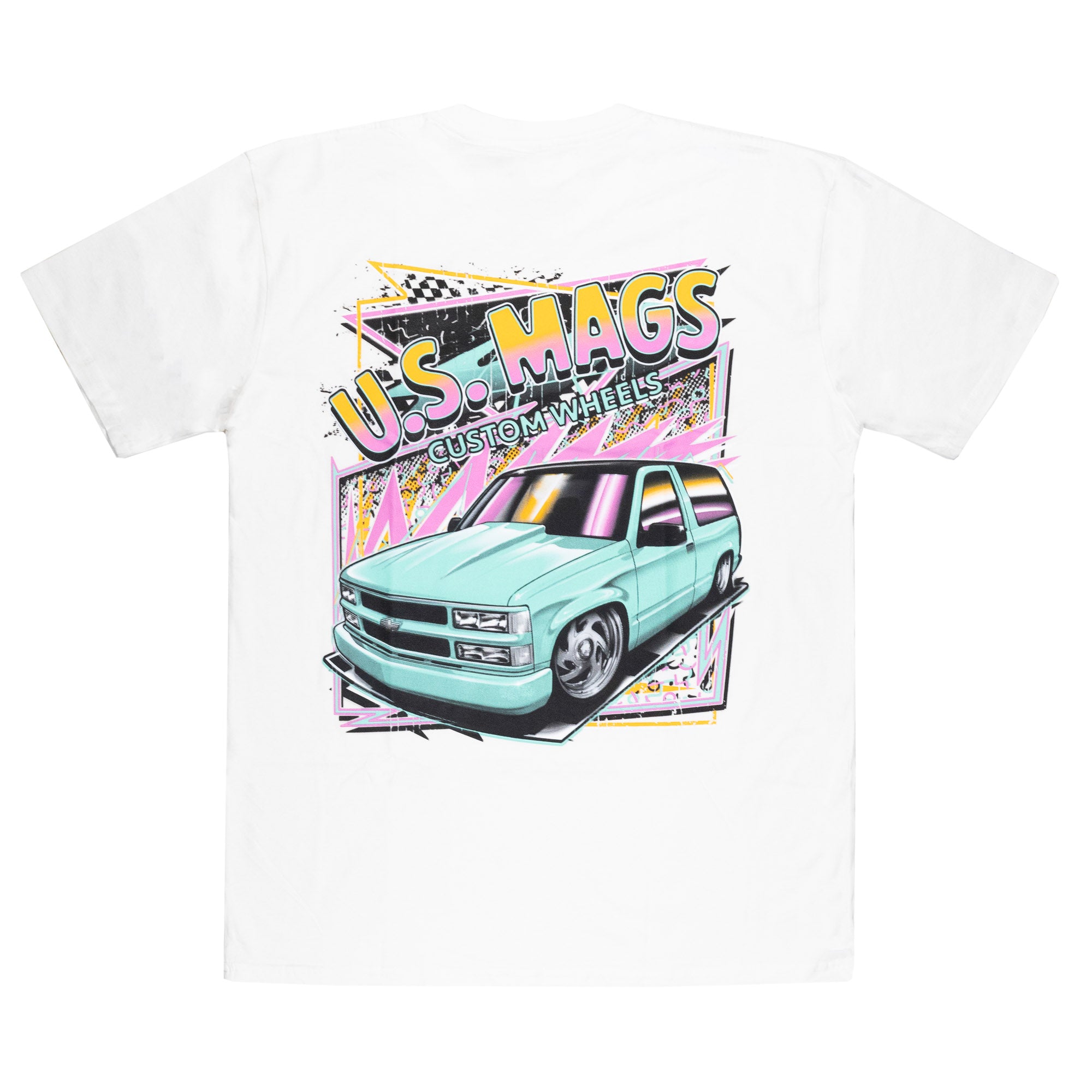 White short sleeve t-shirt featuring a vibrant graphic of a custom teal truck with "U.S. MAGS CUSTOM WHEELS" text on the back.