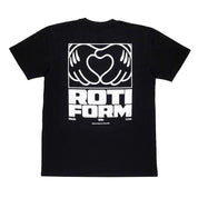 Black short sleeve t-shirt featuring a large heart graphic with hands and the text "Rotiform Made With Love" on the back.