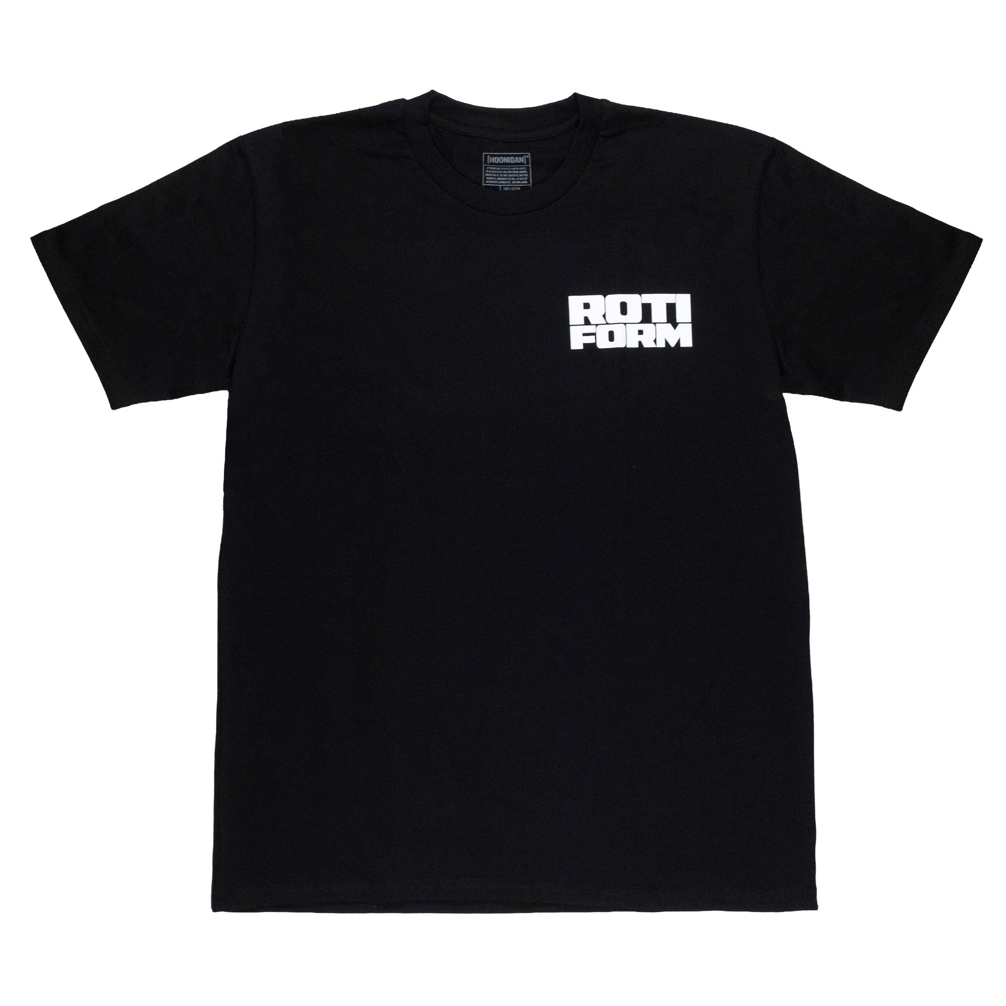 Black short sleeve t-shirt featuring bold white "ROTIFORM" logo on the front, perfect for automotive enthusiasts.