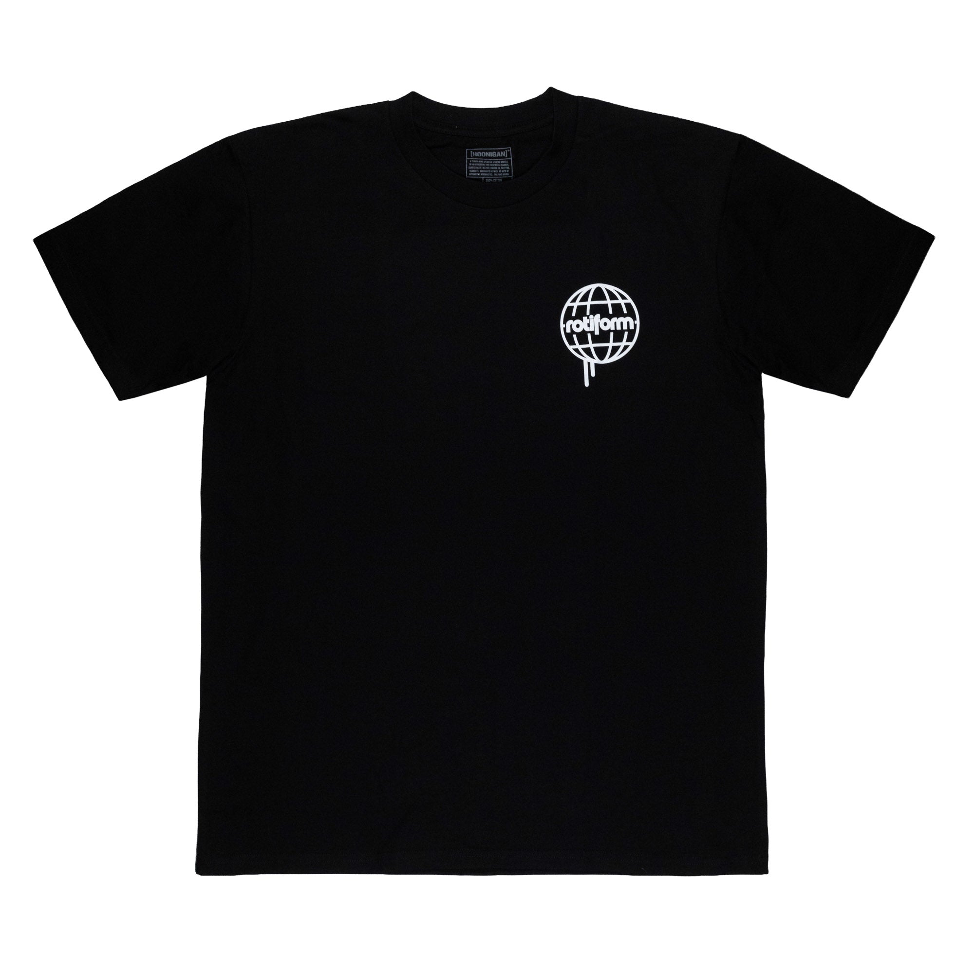 Black short sleeve t-shirt featuring a white Rotiform logo on the front, ideal for automotive enthusiasts.