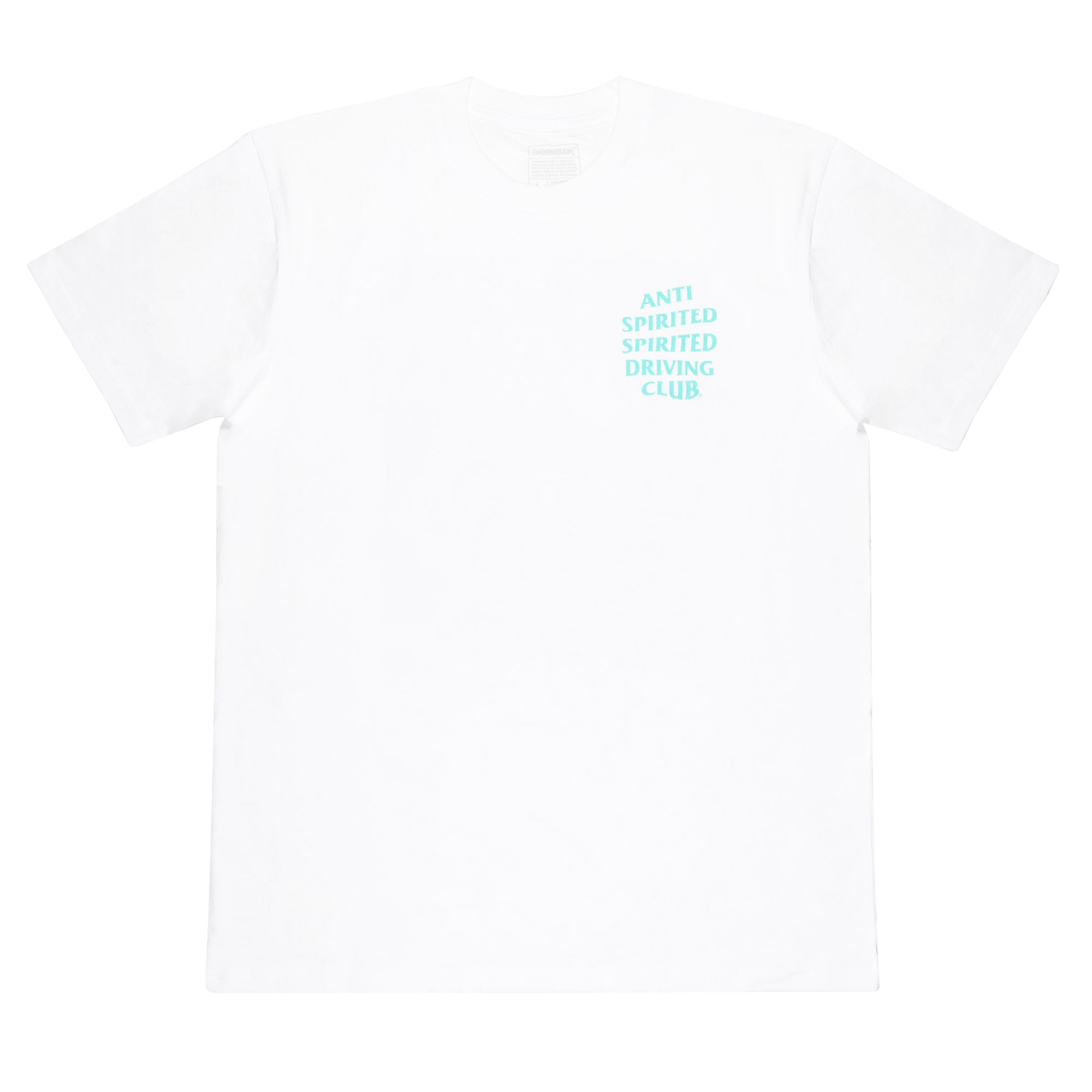 White short sleeve t-shirt featuring "ANTI SPIRITED DRIVING CLUB" printed in teal on the chest, ideal for car enthusiasts.