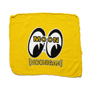 Bright yellow shop towel featuring the Hoonigan and Mooneyes logos, perfect for automotive enthusiasts and car culture fans.